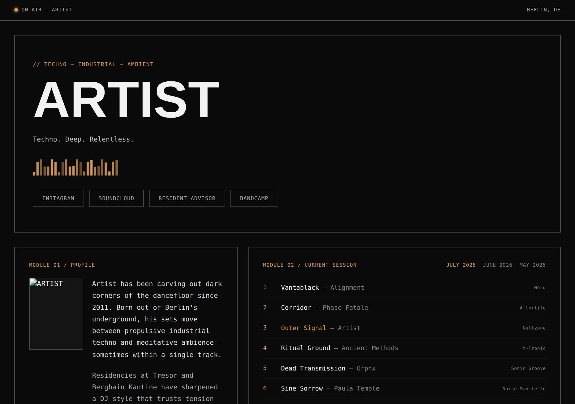 BROADCAST theme — Console · Amber · Modular Panels