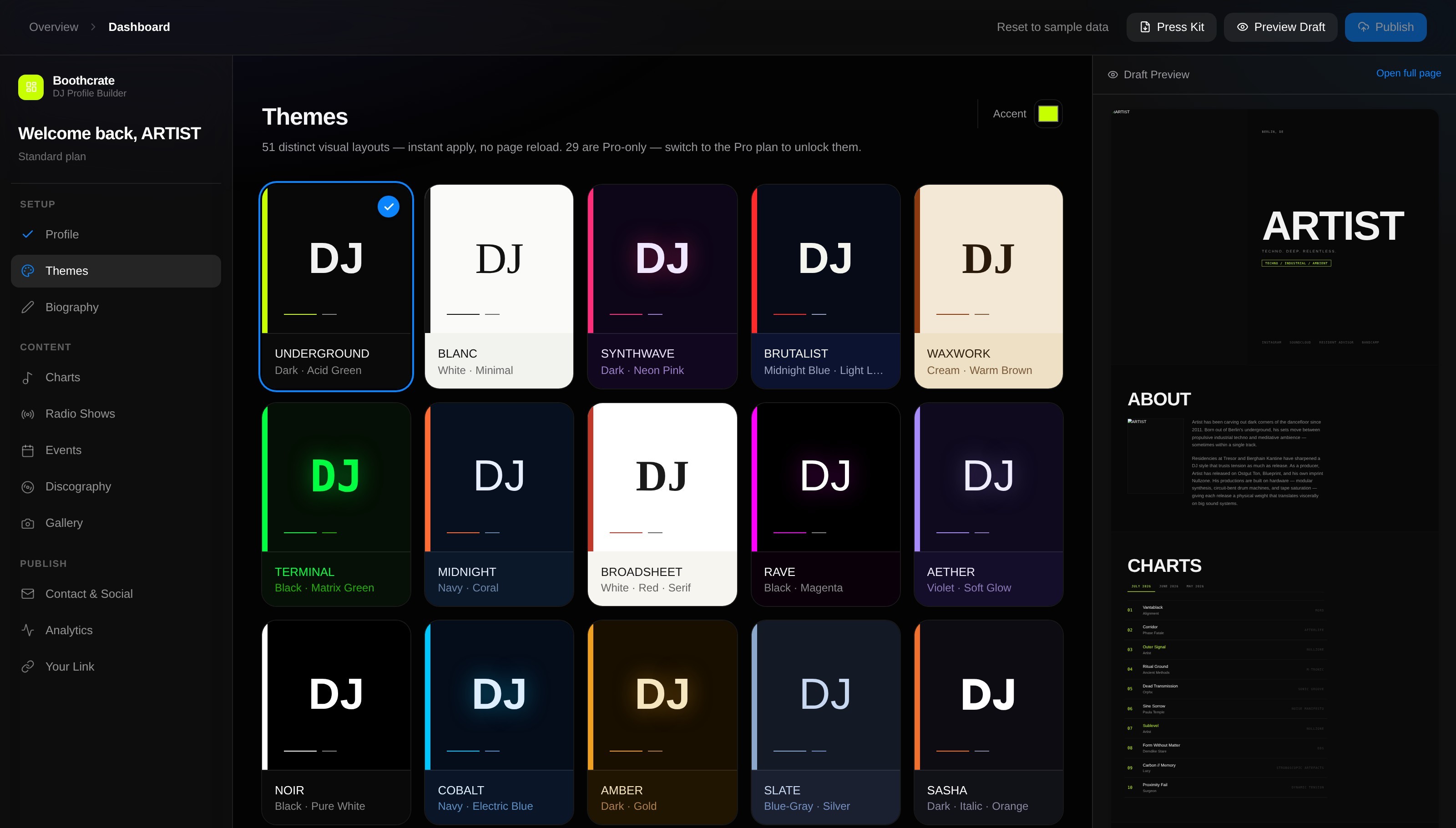 The Boothcrate dashboard, showing the Themes step with a live draft preview